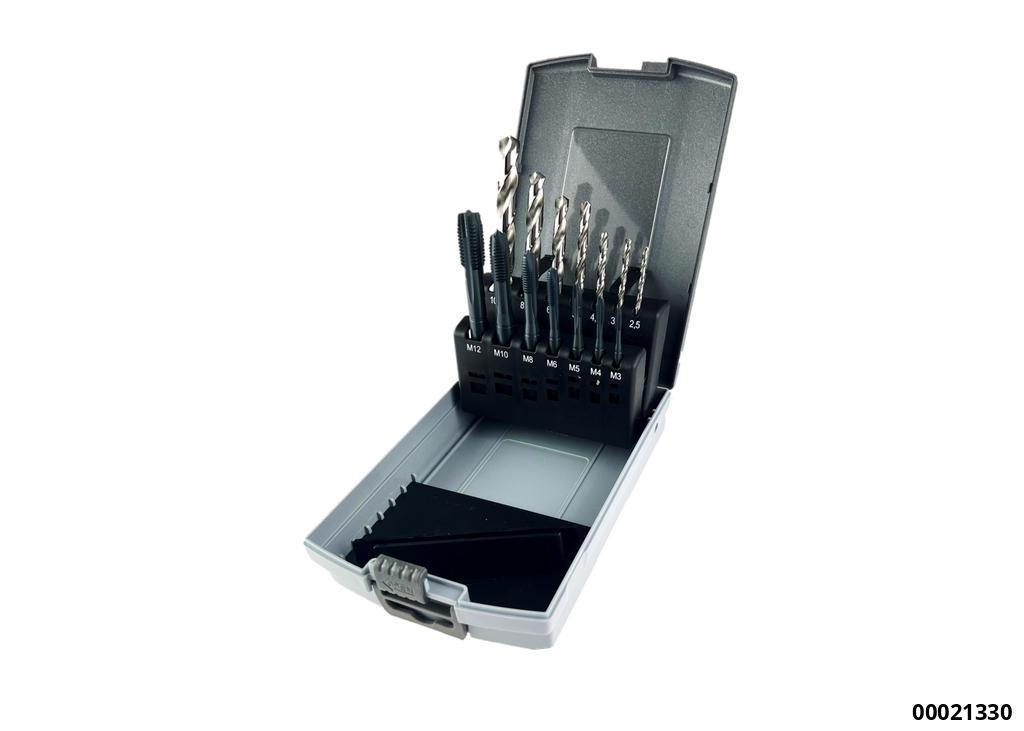 00021330: 14-PIECE SHSS-E TAP AND CORE DRILL SET, M3–M12, DIN 371/376, STEAM-TREATED