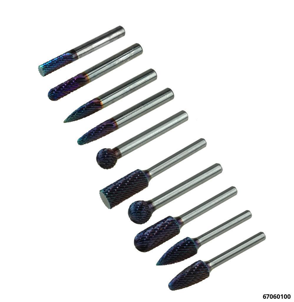 67060100: CARBIDE BURR SET FOR STEEL, CAST IRON, STAINLESS & NICKEL ALLOYS 6MM SHAFT, 10 PCS