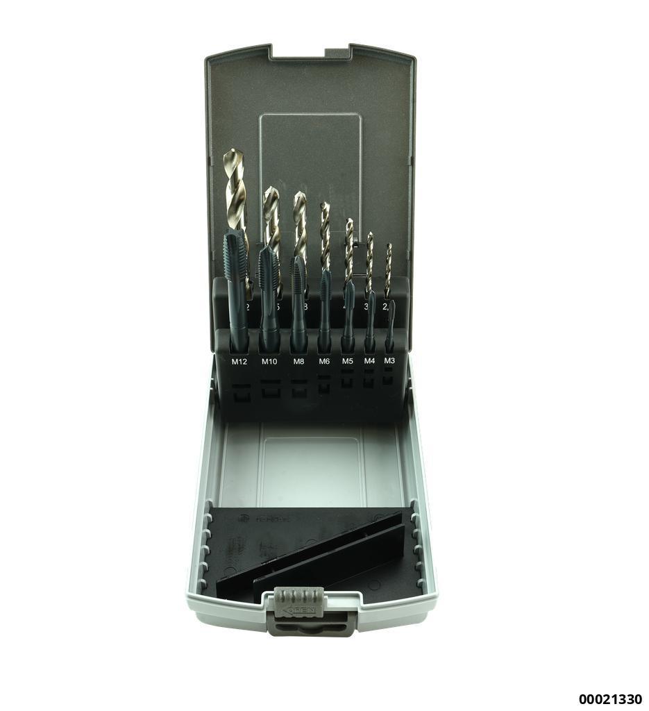 14-PIECE SHSS-E TAP AND CORE DRILL SET, M3–M12, DIN 371/376, STEAM-TREATED - 2