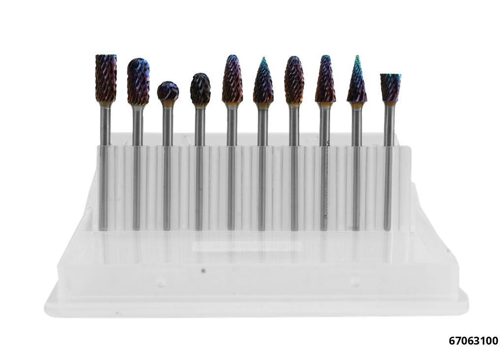 67063100: CARBIDE BURR SET FOR STEEL, CAST IRON, STAINLESS & NICKEL ALLOYS 3MM SHAFT, 10 PCS
