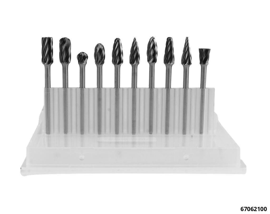 67062100: CARBIDE BURR SET FOR ALUMINIUM, NON-FERROUS METALS, PLASTIC 3MM SHAFT, 10 PCS.