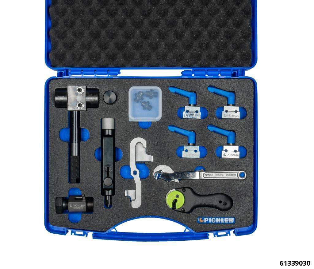 Brake line service set, 14 pcs., incl. flaring tool, bending device, holding clamps and pipe cutter