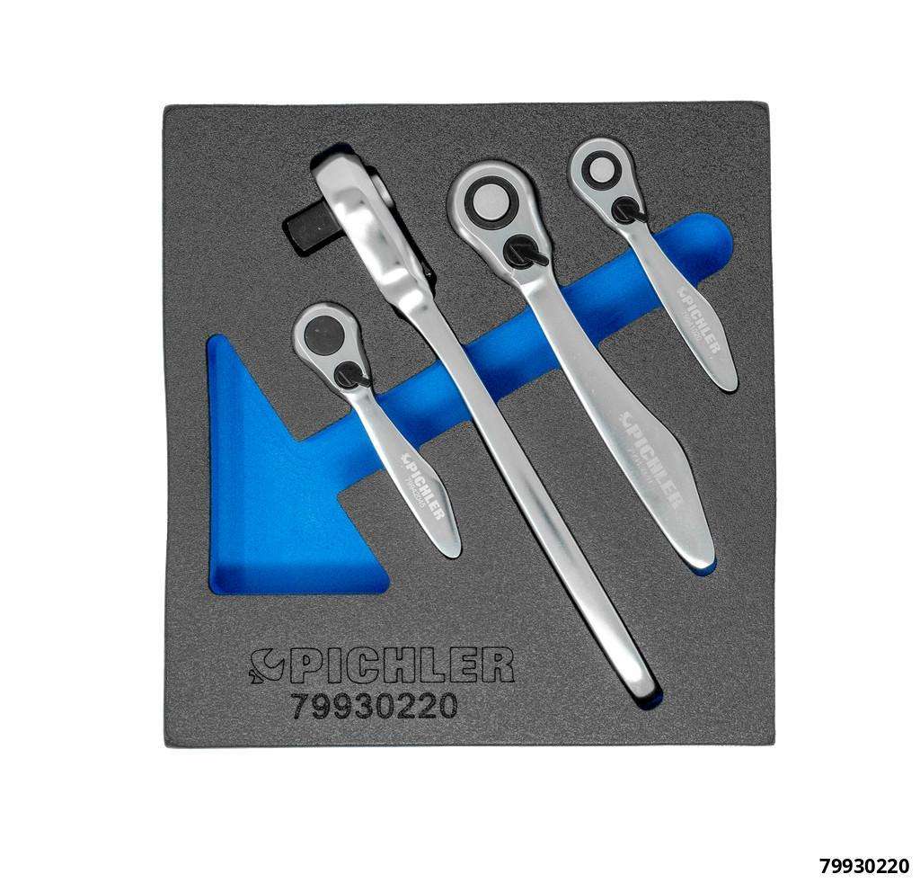 MINI-Knarrenset, 4-tlg., 1/4" Bit 1/4" / 3/8" / 1/2" - 120 Zähne, feinstverzahnt