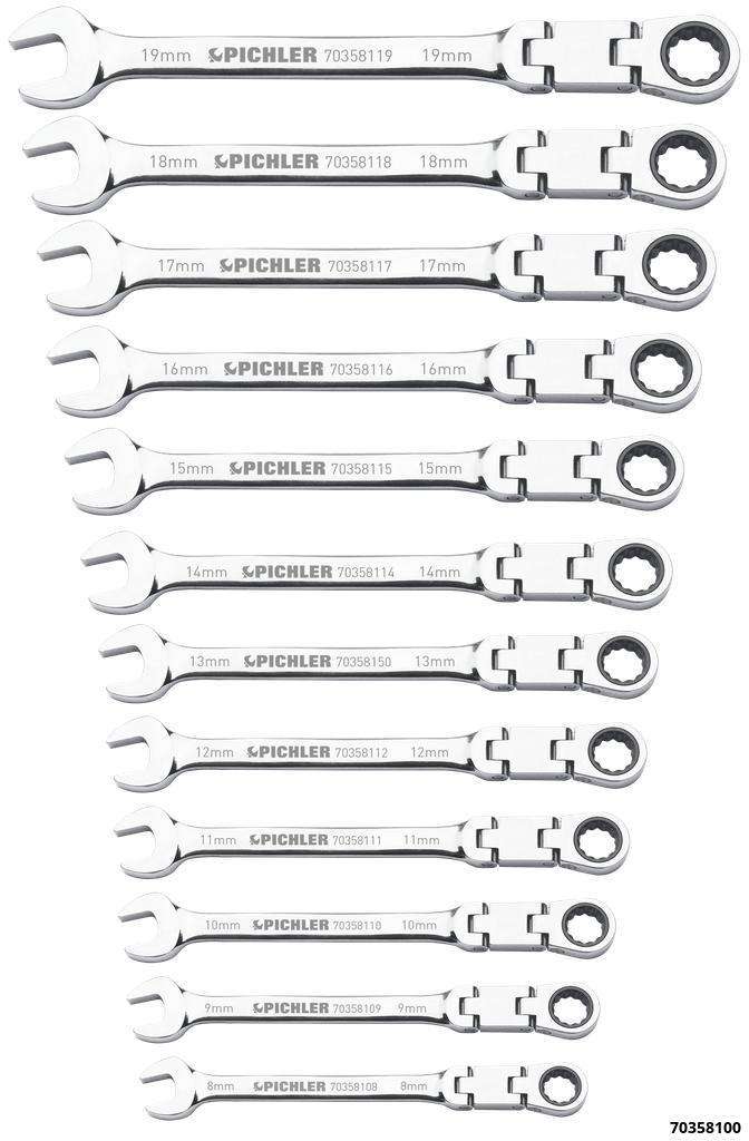 Jeu de clés mixtes à cliquet double articulation, 12 pcs.