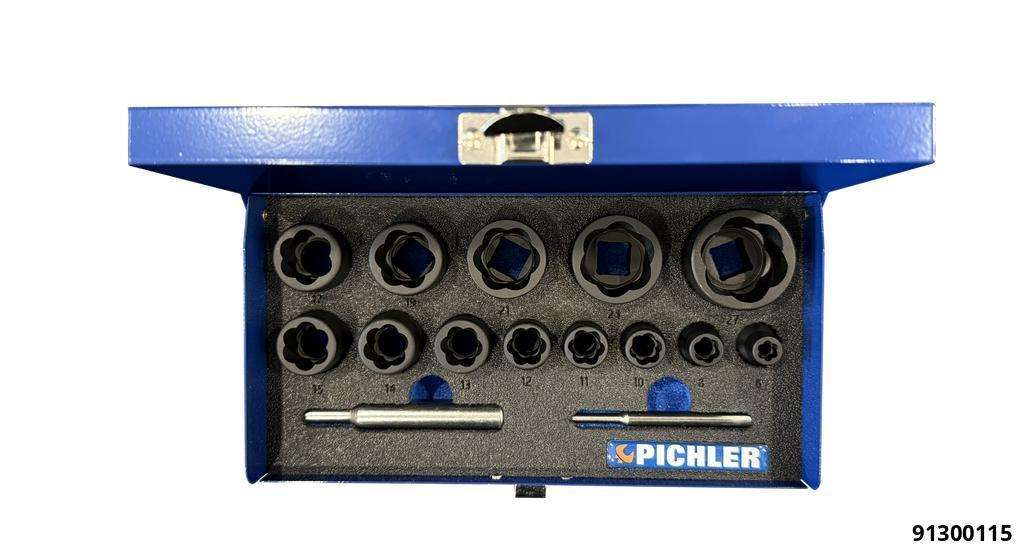 Ausdreher Set TWIST SOCKET, 15-tlg. 1/4":  6, 8, 10, 11, 12 mm 1/2": 13,14,15,17,19,21,24,27 mm