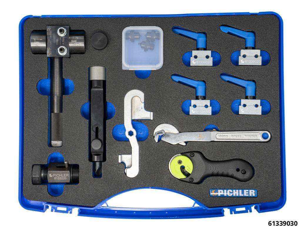 Brake line service set, 14 pcs., incl. flaring tool, bending device, holding clamps and pipe cutter