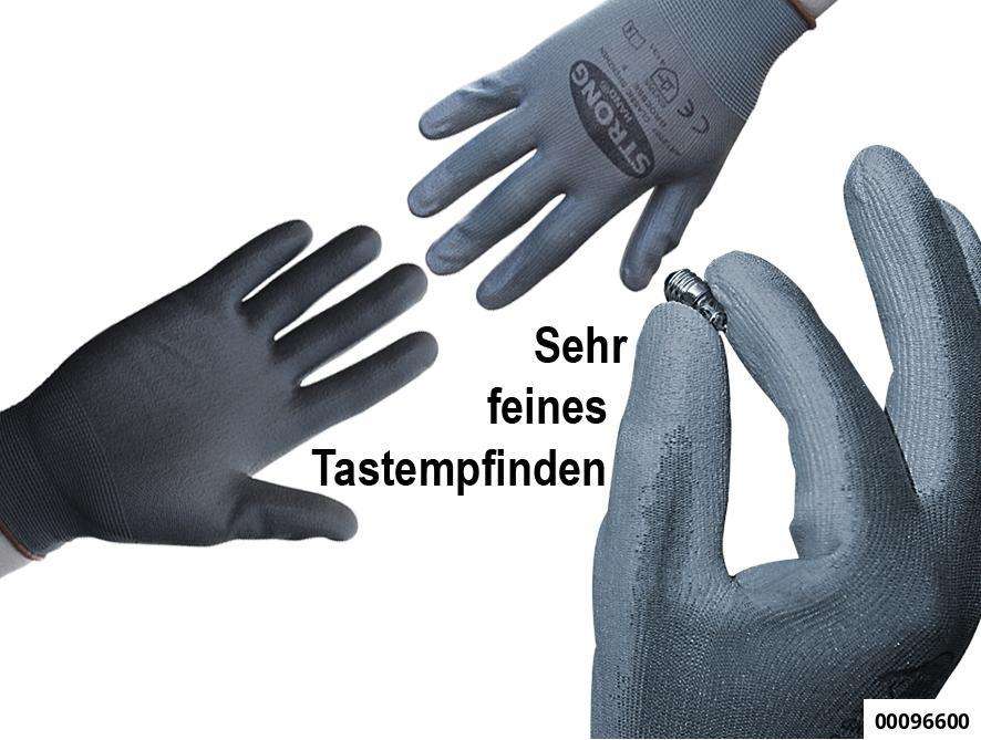 Werkstatt-Handschuh "Nylon Strick" grau Gr. 7  (Teil-PU-Beschichtet, EN 388)  (VE 12 Paar)