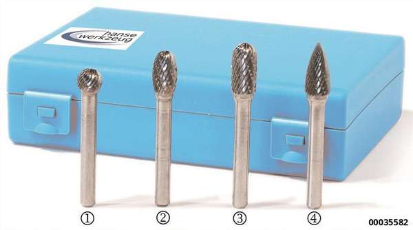 hansewerkzeug Hartmetall-Rotierfräser-Kassette 4-tlg. mit 6,0mm Schaft, kreuzverzahnt