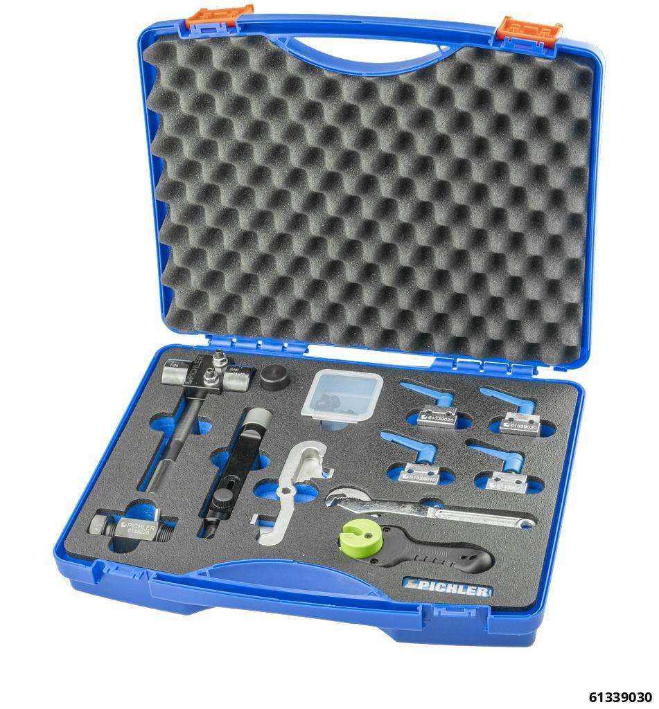 Brake line service set, 14 pcs., incl. flaring tool, bending device, holding clamps and pipe cutter