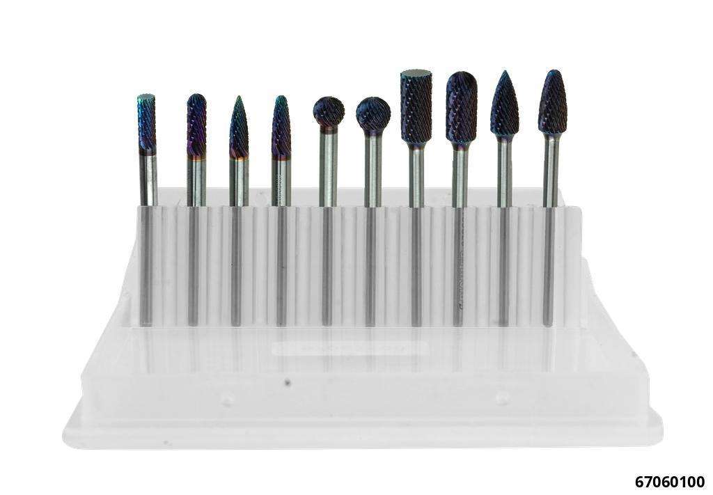 Hartmetall-Frässtifte Kreuzverzahnung 6 mm Schaft, 10-tlg., BLUE-COAT Beschichtung