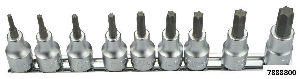 T-profile bit sockets 9 pcs 1/2" drive x 55mm on a rail