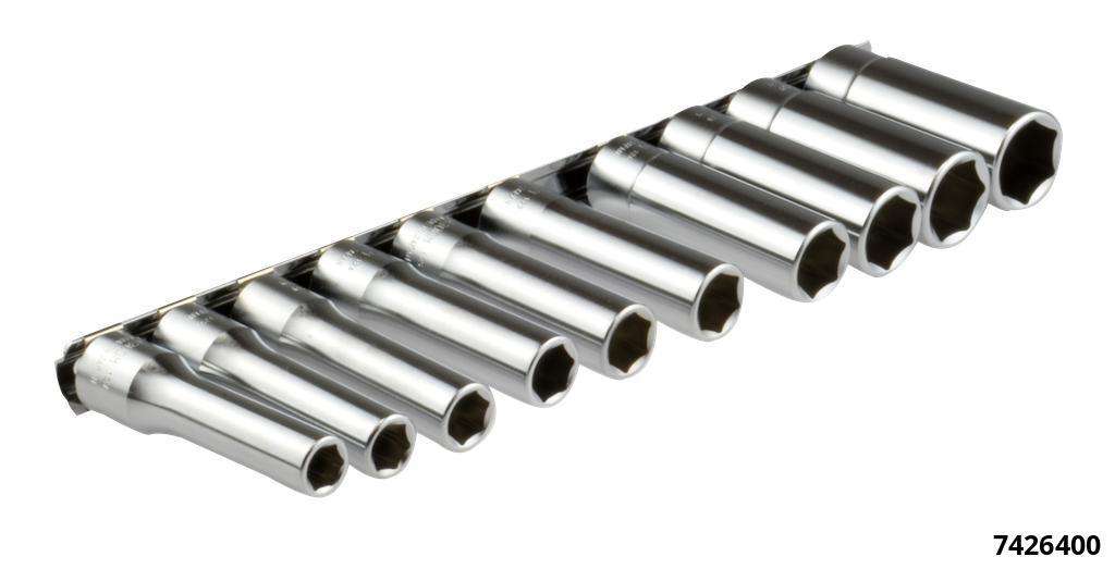 Règlette de 10 douilles longues 1/2" 6 pans  10 à 22 mm