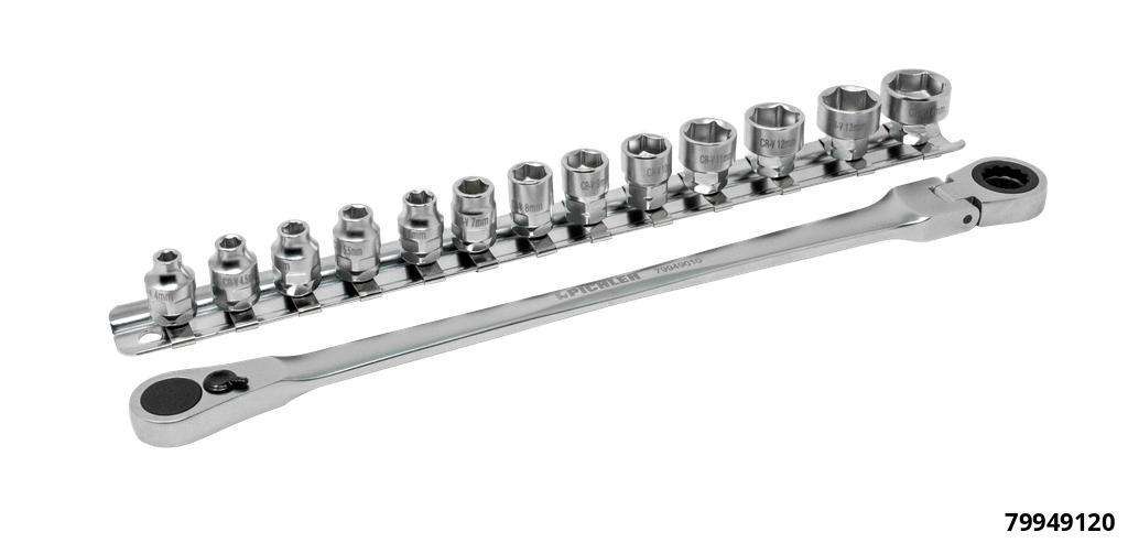 Extra-short socket set, 4-14 mm, 14 pcs, incl. extra-long joint head ratchet (252 mm) drive 11 mm & 1/4" bit