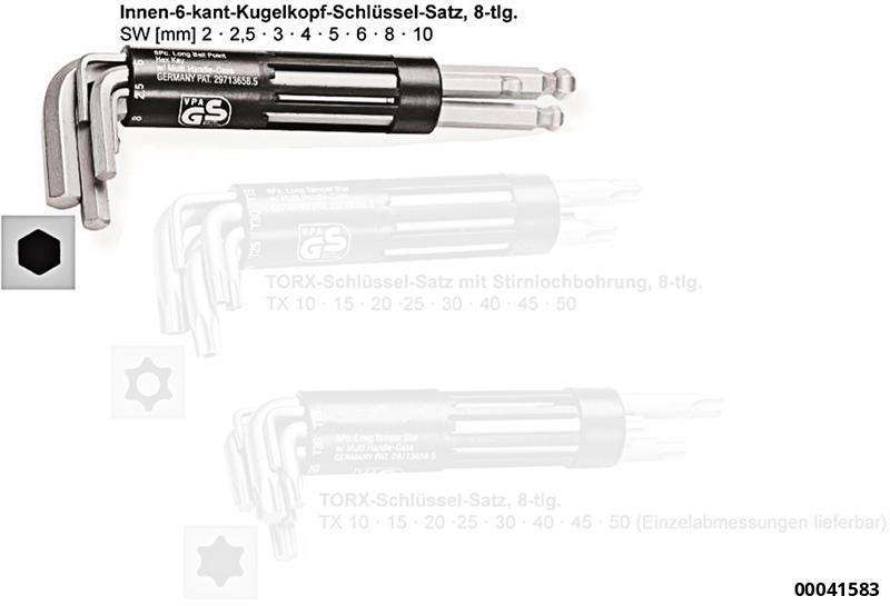 Kugelkopf-Winkelstiftschlüsselsatz 8 tlg. lang