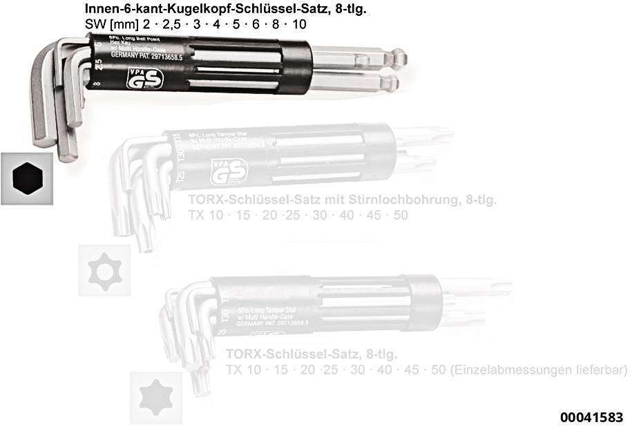 Kugelkopf-Winkelstiftschlüsselsatz 8 tlg. lang