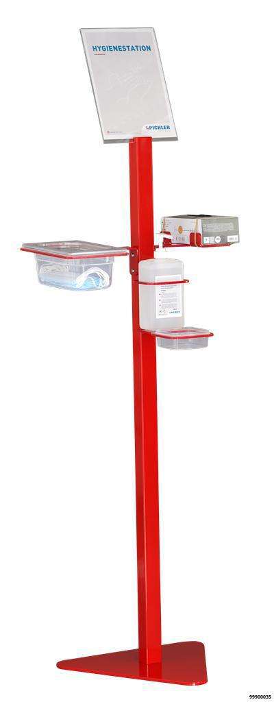 Hygienestation 4-in-1, pulverbeschichtet in rot inklusive 1 L Desinfektionsmittel und 50 Stück Schutzmasken